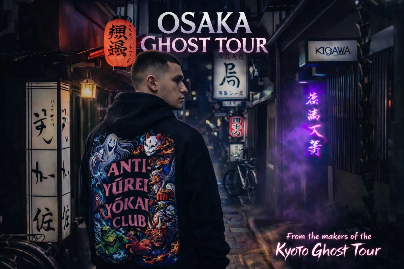 Osaka Ghost Tour — night alleys of Namba with neon signs
